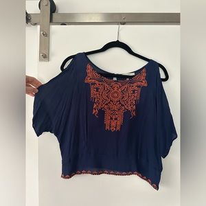 Open shoulder mini navy and orange top